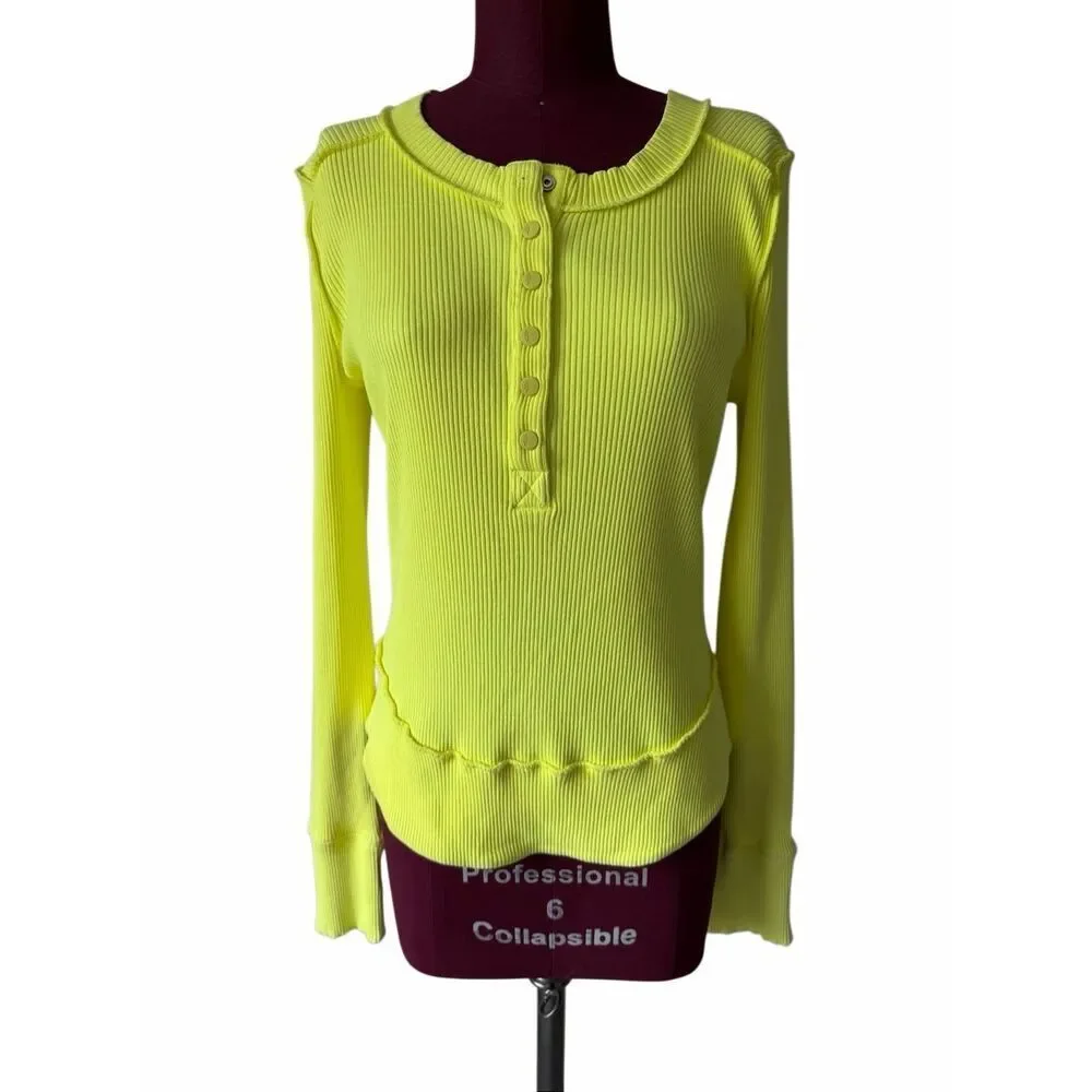 Free People Long Sleeve Top Rally Layering Athletic Ribbed Glowstick Neon Yellow
